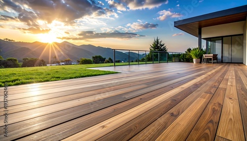 A modern house's wooden deck extends to a lawn against a mountain backdrop under a dazzling sunset and cloudy sky