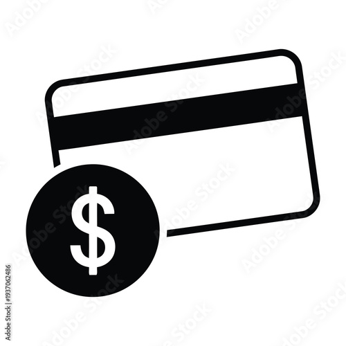 Credit card icon with magnetic stripe and dollar symbol illustration in monochrome design for finance and payment concepts