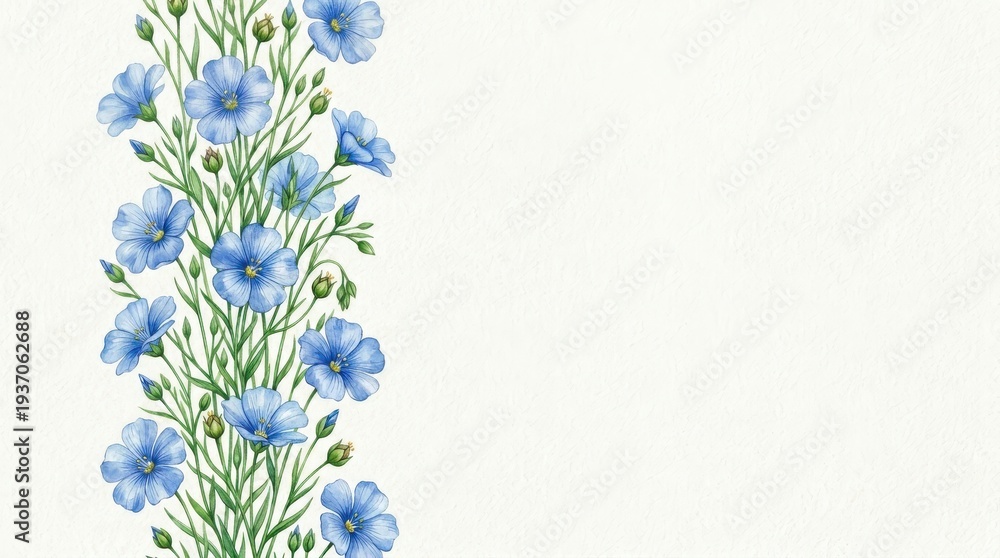 Fototapeta premium Blue Flax Flower Watercolor Vertical Border with Hand Painted Botanical Elements on White Background for Side Margin Design