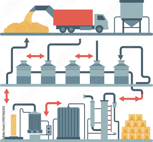 Gold refining process vector illustration with industrial smelting equipment, ore transport truck, processing tanks and bullion production system