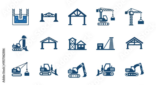 This vector image displays a diverse collection of blue industrial icons, including construction vehicles, building structures, and factory elements.