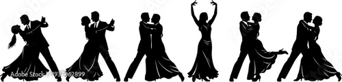 Elegant ballroom dance couple silhouettes set with romantic partners performing waltz tango dance poses collection, flat vector illustration