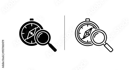 Compass and magnifying glass icon, concept of exploration, search, or direction