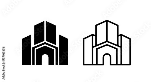Modern building icon, solid and outline styles for architecture