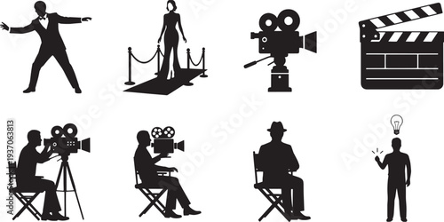 Film production scene with director, cameraman, and actors on set, capturing cinematic moments from various viewpoints