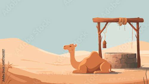 Desert Camel Sitting Near Traditional Water Well in Vast Sand Dunes Vector Illustration 1