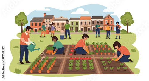 Diverse Community Gardening and Urban Farming Group. Neighbors Planting, Harvesting, and Watering Vegetables in a Shared Garden Plot.