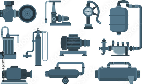 Industrial machinery and equipment vector illustration featuring pumps, motors, compressors, pressure tanks and pipeline systems for factory use