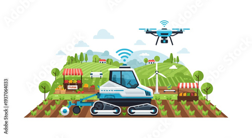 Smart Farming Technology Illustration with Autonomous Tractor, Agriculture Drone, and IoT Connectivity in a Sustainable Farm Landscape