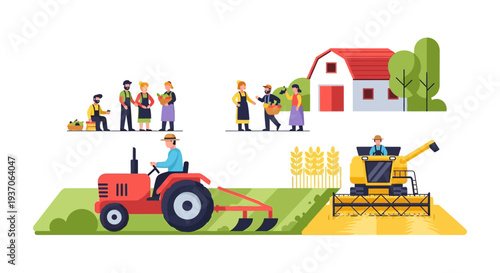 Agriculture Industry Workflow: Farmers, Tractor, Combine Harvester, Farmhouse, and Fresh Harvested Produce. Flat Vector Illustration.