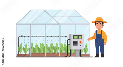 Precision Agriculture: Farmer Operating Automated Irrigation System in Greenhouse. Smart Farming Technology Vector Illustration.