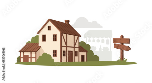 Traditional Half-Timbered House and Wooden Signpost. Isolated Medieval Village Building, Tavern, or European Inn Architecture Vector Illustration.