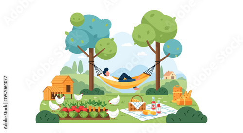 Self-Sufficiency and Relaxation: Person Resting in Hammock in Backyard Garden with Chicken Coop and Picnic Scene | Flat Vector Illustration