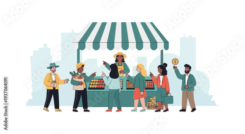 Community Farmers Market: Diverse Shoppers Buying Fresh Local Produce from Small Business Vendor