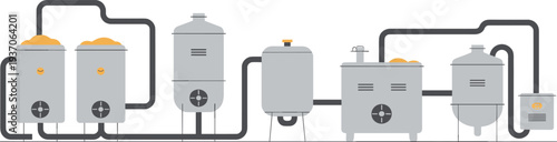 Industrial processing plant equipment vector illustration with connected storage tanks, pressure vessels and pipeline system for manufacturing facility