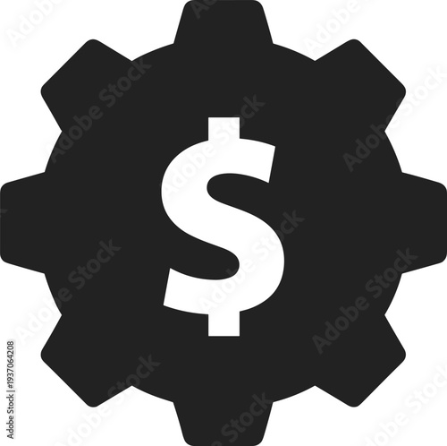 Black gear cogwheel with dollar sign centered inside, representing financial mechanism, money operations, economic system, currency processing, business finance management and investment vector 