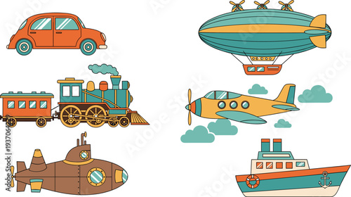 Vintage Transportation Vehicle Illustration with Classic Car Steam Train Airplane Submarine Ship and Airship Travel Vector Collection.