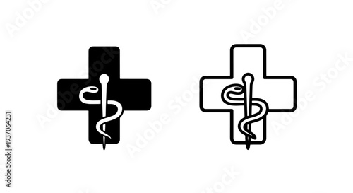 Caduceus Icon: Silhouette and Outline, Medical Symbol
