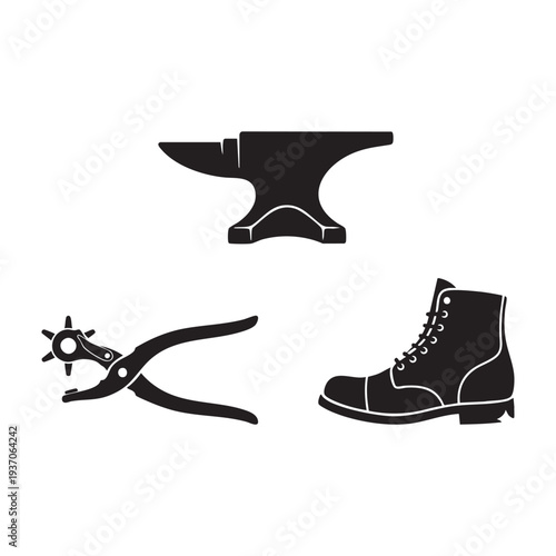 Antique Cobbler Tools Iron Last Leather Punch and Boot Set