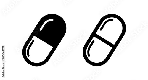 Pill Capsule Icons: Black Fill and Outline Styles, Medicine Symbol