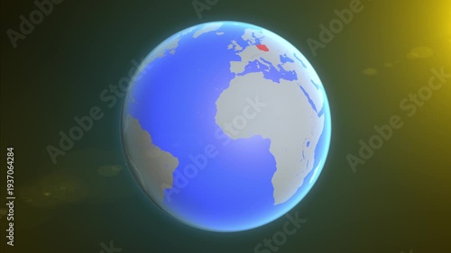 The animation shows a graphic representation of the earth and highlights the location and map of Poland colored red.
