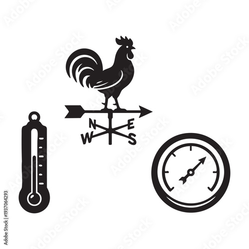 Vintage Meteorology Rooster Weathervane Thermometer and Barometer Silhouette Set