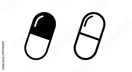 Medical Capsule Icons: Solid and Outline Styles, Health Symbol