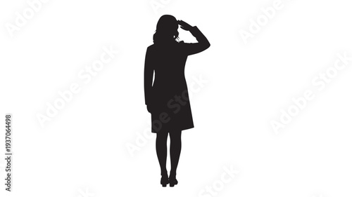 Woman silhouette saluting with hand raised to forehead, wearing a trench coat and high heels, isolated on white background.