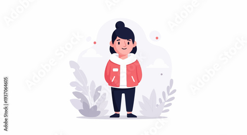 Stylized illustration of a young person in casual clothing standing outdoors among abstract foliage