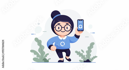 Cheerful cartoon character with dark hair and glasses holds smartphone, standing near plants
