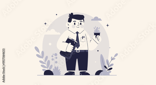 Cheerful person in a shirt, tie, and pants holds a folder and a steaming cup