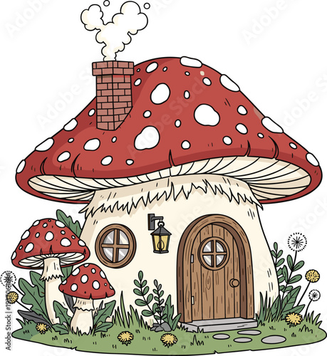 Fairy tale mushroom house illustration with red spotted toadstool roof, whimsical fantasy cottage surrounded by grass and flowers vector design