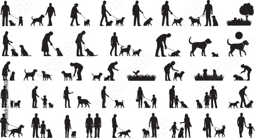 People interacting with dogs in various activities and environments from different viewpoints