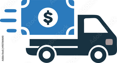 The delivery truck is carrying money, symbolizing fast financial services and express transactions