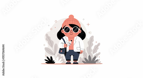 A stylized character in a beanie and sunglasses, carrying a bag, stands amidst abstract foliage and shapes
