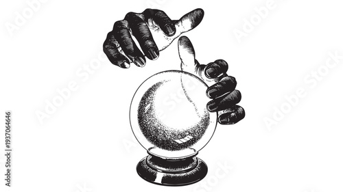 Crystal ball held by hands with sketchy hatching texture, mystical, fortune telling featuring psychic, clairvoyance, magic with divination and future