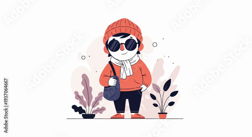 Cheerful person in a knitted hat and scarf, carrying a satchel, surrounded by plants