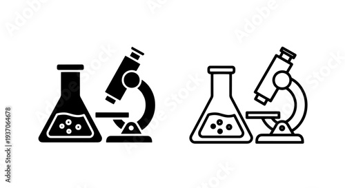Scientific Lab Equipment Icons: Microscope and Erlenmeyer Flask Outline and Solid