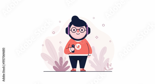 Cartoon character with headphones and phone, surrounded by plants