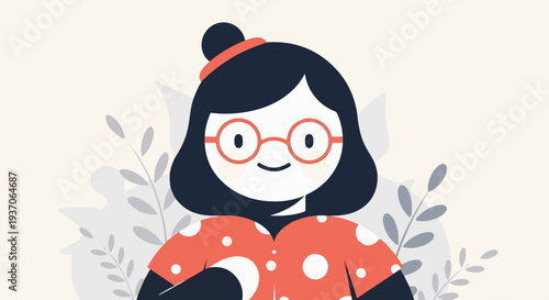 Cheerful cartoon character with dark hair, glasses, and a polka-dot top
