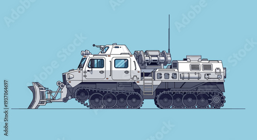 Snowcat Vehicle with Plow Attachment.