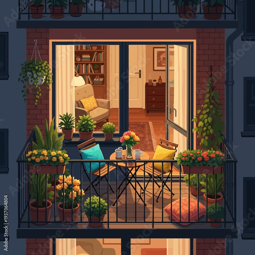 Cozy balcony with plants and furniture.
