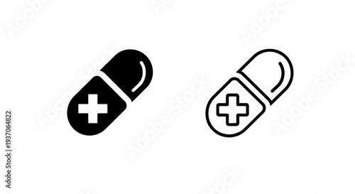 Medical Pill Capsule Icons with Plus Sign for Healthcare and Pharmacy