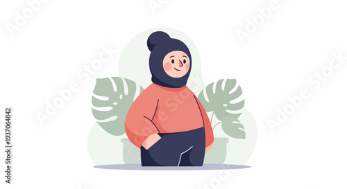 Person wearing a hijab and sweater, with large monstera leaves in the background