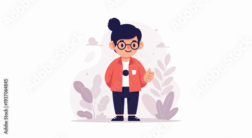 Cheerful individual with glasses and bun, giving a thumbs-up, surrounded by abstract foliage