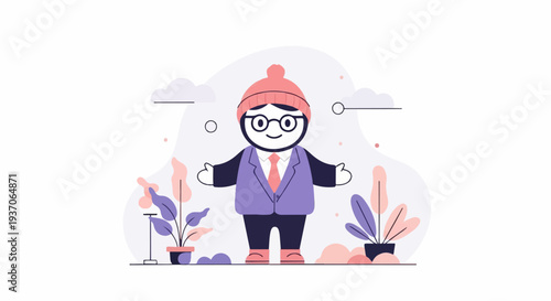 Friendly cartoon character in winter attire with outstretched arms, framed by plants and abstract shapes