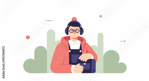 Animated person with headphones and overalls, holding a device