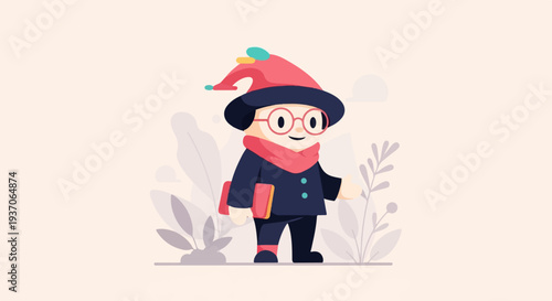 Whimsical character in a hat and scarf, holding a book