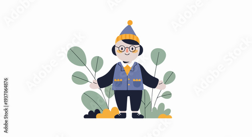 A whimsical, flat-design character in winter attire stands amidst stylized foliage