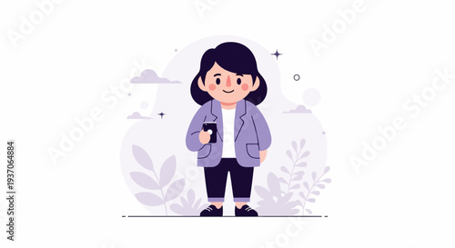 A cheerful cartoon woman in a purple blazer and black pants holds a smartphone